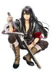  bad_id bandage bandages black_hair boots bracelet breacelet jewelry kasudaao long_hair male pants sitting smile solo sword tales_of_(series) tales_of_vesperia weapon white_background yuri_lowell 