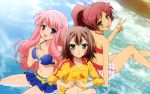  10s 1boy 2girls baka_to_test_to_shoukanjuu beach belly_button belt bikini bikini_skirt blue_eyes blush brown_hair green_eyes himeji_mizuki kinoshita_hideyoshi ocean official_art pink_hair ponytail purple_eyes red_hair ribbon shimada_minami sitting trap yellow_shirt 