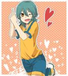  ;d aqua_hair cross finger_gun gensi heart inazuma_eleven inazuma_eleven_(series) inazuma_eleven_go kariya_masaki male open_mouth outline shorts smile soccer_uniform solo wink yellow_eyes 