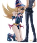  blonde_hair blush boots bow breasts choker cleavage closed_eyes couple dark_magician_girl duel_monster eyes_closed gem hat jewelry kneeling large_breasts long_hair magician_hat pants shoes simple_background skirt smile wizard_hat yami_yuugi yu-gi-oh! yuu-gi-ou yuu-gi-ou_duel_monsters 