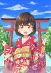  1girl brown_eyes brown_hair clouds gurande_(g-size) hair_ornament hairclip highres japanese_clothes kimono looking_at_viewer open_mouth original sky smile torii tree 