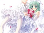  1girl alternate_costume bare_shoulders blush bouquet bride carrying dress elbow_gloves faceless faceless_male flower front_ponytail gloves green_eyes green_hair kagiyama_hina long_hair pantyhose petals princess_carry touhou veil wedding_dress white white_legwear yayoi_and_nagi 