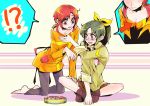  2girls barefoot blush breasts cleavage cookie directional_arrow female food footwear green_eyes green_hair hino_akane kneeling midorikawa_nao multiple_girls precure red_eyes red_hair redhead short_hair smile_precure! socks tima yuri 