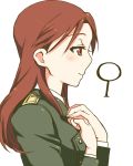  blush brown_eyes brown_hair hands_on_own_chest long_hair military military_uniform minna-dietlinde_wilcke mitsuki_meiya profile simple_background solo strike_witches uniform white_background 