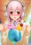  absurdres cherry cup drink food fruit headphones highres long_hair nitroplus open_mouth pink_hair red_eyes solo sonico straw super_sonico sweater tsuji_santa 