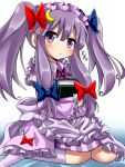  :&lt; alternate_costume alternate_hairstyle book bow crescent gibuchoko hair_bow hair_ornament highres kneehighs long_hair patchouli_knowledge purple_eyes purple_hair sitting solo touhou twintails violet_eyes wariza 
