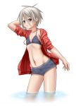  breasts cleavage copyright_request feet_in_water flat_chest grey_eyes grey_hair highres hoodie meian short_hair short_shorts shorts sleeves_pushed_up soaking_feet water 