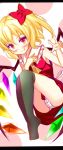  absurdres ascot blonde_hair bow flandre_scarlet furagu hair_bow highres letterboxed no_hat no_headwear panties pantyshot red_eyes side_ponytail smile solo the_embodiment_of_scarlet_devil thigh-highs thighhighs touhou underwear white_panties wings 