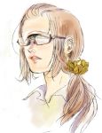  blue_eyes brown_hair copyright_request cyclops ear_piercing earrings face glasses hair_ornament jewelry koco lips monster_girl one-eyed piercing ponytail portrait sketch solo 