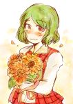 blush face flower green_hair highres holding kazami_yuuka looking_at_viewer no_nose plaid red_eyes short_hair sketch solo suzuri_(suzuri1129) touhou youkai 