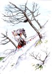  animal_ears bare_tree blood goat highres horns inubashiri_momiji kobushi landscape snow solo tail touhou traditional_media tree watercolor_(medium) wolf_ears 