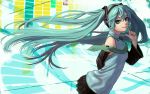  1923x1200 aqua_hair arms_behind_back bare_shoulders blue_eyes detached_sleeves finger_to_face hatsune_miku headphones highres lasterk long_hair looking_at_viewer necktie pleated_skirt skirt smile solo twintails very_long_hair vocaloid wallpaper 
