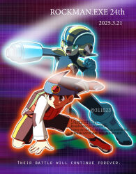  2boys 311023 anniversary arm_cannon black_shorts blue_bodysuit blue_headband blue_helmet bodysuit brothers brown_eyes brown_hair full_body headband helmet highres holding lan_hikari_(mega_man) male_focus mega_man_(series) mega_man_battle_network_(series) mega_man_battle_network_6 megaman.exe multiple_boys orange_vest shirt short_hair shorts siblings twins vest watermark weapon white_shirt 