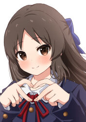  1girl alternate_costume black_shirt blue_bow blush bow brown_eyes brown_hair closed_mouth collared_shirt comiching hair_bow heart heart_hands highres idolmaster idolmaster_cinderella_girls long_hair looking_at_viewer shirt smile solo tachibana_arisu very_long_hair 
