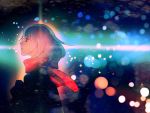  aqua_hair binary blurry bokeh depth_of_field kaisen lights original profile red_eyes scarf short_hair solo 