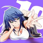  barefoot blue_hair blush breasts character_request chin_rest cleavage green_eyes itagaki_tatsuko kawagishi_keitarou large_breasts long_hair lying maji_de_watashi_ni_koi_shinasai! on_stomach outstretched_hand smile solo source_request 