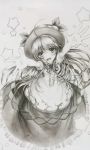  ahoge food fruit graphite_(medium) hat hinanawi_tenshi kuraimu_(nico) long_hair lowres monochrome open_mouth outstretched_hand peach skirt solo star touhou traditional_media 