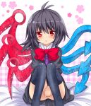  :o ahoge asymmetrical_wings bad_id black_hair bowtie covering covering_crotch highres houjuu_nue no_panties red_eyes shinekalta sitting solo thigh-highs thighhighs touhou v_arms wings 