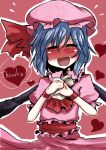  ^_^ blue_hair blush bust closed_eyes english eyes_closed fang hat heart open_mouth remilia_scarlet short_hair skirt skirt_set smile solo takorice touhou wings wristband 