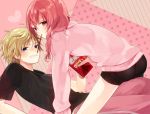  1girl blonde_hair blue_eyes girl_on_top heart hiyo_kiki inu_x_boku_ss looking_at_viewer mouth_hold pink_eyes pink_hair pocky roromiya_karuta short_hair shorts watanuki_banri 