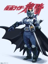 1boy advent_deck armor bat_(animal) belt black_armor black_boots bodysuit boots cape full_body heisei highres holding holding_weapon kamen_rider kamen_rider_knight kamen_rider_ryuki_(series) male_focus outstretched_arms penpenhuihui reverse_grip rider_belt solo spread_arms sword tokusatsu v_buckle weapon 