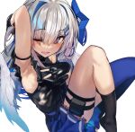  1girl ;d akieda amane_kanata angel_wings arm_behind_head arm_strap arm_up armpits asymmetrical_legwear bangs black_gloves black_legwear black_shirt blue_hair blue_legwear blue_skirt commentary_request eyebrows_visible_through_hair gloves hair_between_eyes hair_ornament hairclip hololive long_hair mismatched_legwear multicolored_hair one_eye_closed partially_fingerless_gloves pink_hair shirt silver_hair single_sock single_thighhigh skirt sleeveless sleeveless_shirt smile socks solo streaked_hair thigh-highs thigh_strap uneven_legwear virtual_youtuber wings 