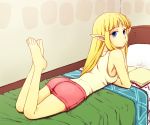  1girl bare_legs barefoot bed blonde_hair blue_eyes book boyshorts casual feet long_hair looking_back lying nintendo on_bed on_stomach open_book pillow pointy_ears princess_zelda saiba_(henrietta) shorts skyward_sword solo tank_top the_legend_of_zelda toes 