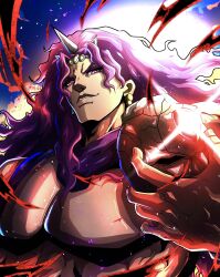  1boy absurdres araki_hirohiko_(style) battle_tendency earrings gem highres holding holding_mask horns jewelry jojo_no_kimyou_na_bouken kars_(jojo) long_hair mask noonvincent pectorals portrait purple_hair purple_scarf red_gemstone scarf stone_mask_(jojo) tiara unworn_mask violet_eyes 