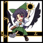  :d black_wings boots bow chibi danmaku energy_ball feathered_wings flying hair_bow kou512a long_hair mismatched_footwear nuclear open_mouth purple_hair radiation_symbol red_eyes reiuji_utsuho single_boot smile solo touhou wings 