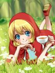  :q blonde_hair blue_eyes blush bulleta chin_rest cookie cup food galibo grass green_background hood lying nature on_grass on_stomach outdoors shoes short_hair solo tea teacup tongue vampire_(game) 