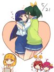  5girls ? ahoge aoki_reika blonde_hair blue_eyes blue_hair blush candy_(smile_precure!) couple dated eye_contact green_eyes green_hair heart hino_akane hoshizora_miyuki hug kise_yayoi looking_at_another midorikawa_nao multiple_girls pink_eyes pink_hair ponytail precure red_eyes redhead school_uniform smile_precure! yellow_eyes yomosaka yuri 