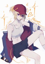  1girl bang_dream! bang_dream!_it's_mygo!!!!! baseball_cap black_skirt blonde_hair character_name chinese_commentary chromatic_aberration commentary_request crop_top drawn_ears drawn_tail hair_between_eyes hat highres invisible_chair midriff misumi_uika navel off_shoulder pleated_skirt red_hat short_hair sidelocks sitting skirt sleeves_past_wrists solo sports_bra star_unicorn three-quarter_sleeves violet_eyes white_sports_bra 