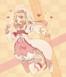  ;d alice_(tales_of_symphonia_kor) blonde_hair bloomers boots brown_eyes checkered checkered_background gasshu_(mikuwolove) heart open_mouth outstretched_hand short_hair skirt smile solo tales_of_(series) tales_of_symphonia tales_of_symphonia_knight_of_ratatosk veil wink yellow_background 