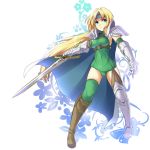  :&lt; armor belt blonde_hair blue_eyes boots bracer cape celes_chere final_fantasy final_fantasy_vi gauntlets greaves hairband knee_boots lauqe long_hair navel pauldrons simple_background solo sword very_long_hair weapon 