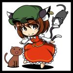  :3 animal_ears border brown_eyes brown_hair cat cat_ears cat_tail chen chibi closed_eyes dress eyes_closed hat jewelry kou512a multiple_tails o_o single_earring solo tail touhou two_tails 