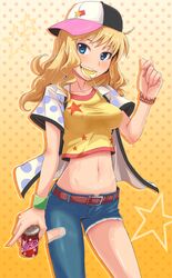  belt blonde_hair blush bracelet breasts candy dan_(orange_train) hat idolmaster idolmaster_cinderella_girls jeans jewelry lollipop midriff navel ootsuki_yui solo 