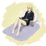  bare_legs barefoot bed blind blonde_hair blue_eyes book braille drawfag feet hair_down highres katawa_shoujo long_hair music_box on_bed open_book pajamas pillow reading satou_lilly shorts sitting solo 