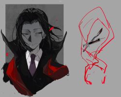  1boy black_jacket blood bungou_stray_dogs chinese_commentary closed_mouth collared_shirt commentary_request curtained_hair grey_background highres jacket kuma_(yoooooooo152) male_focus mature_male mori_ougai_(bungou_stray_dogs) necktie parted_bangs purple_necktie scalpel shirt sideways_glance smile solo syringe violet_eyes white_shirt 