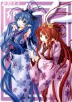  2girls absurdres animal_ears blue_eyes blue_hair breasts bunny_ears copyright_request highres hoshi_no_gen japanese_clothes kimono long_hair looking_at_viewer multiple_girls new_year no_nose pointy_ears red_eyes red_hair redhead smile very_long_hair 