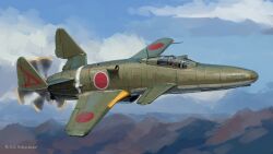  1other aircraft airplane alternate_universe clouds cockpit commentary dieselpunk flying highres hozumi_sousei imperial_japanese_army military military_vehicle mountainous_horizon original pilot propeller propeller_fighter signature sky solo vehicle_focus 