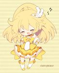  bad_id bike_shorts blonde_hair blush boots character_name chibi choker closed_eyes cure_peace dress eyes_closed hair_ornament haru_(kyou) kise_yayoi long_hair magical_girl musical_note open_mouth precure shorts_under_skirt skirt smile smile_precure! solo v yellow yellow_background yellow_dress 