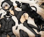  ass boots breasts from_behind hood hoodie looking_back mechanical_arm panties shimo_(depthbomb) short_hair sideboob solo strength_(black_rock_shooter) thigh-highs thighhighs underwear white_hair 