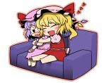  ^_^ blonde_hair blue_hair blush closed_eyes couch expressionless eyes_closed fang flandre_scarlet flat_gaze flying_sweatdrops hat heart hug multiple_girls open_mouth remilia_scarlet short_hair siblings side_ponytail sisters sitting smile touhou ume_(noraneko) 