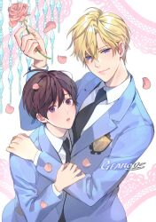  1boy 1girl artist_name black_necktie blonde_hair blue_eyes blue_jacket brown_hair crossdressing english_commentary flower fujioka_haruhi gearous hair_between_eyes highres holding holding_flower hug jacket looking_at_viewer necktie open_mouth ouran_high_school_host_club petals pink_flower pink_rose reverse_trap rose school_uniform shirt short_hair smile suou_tamaki violet_eyes white_shirt 