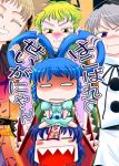  =_= ^_^ blue_dress blue_hair blush blush_stickers brown_eyes brown_hair closed_eyes dress eyes_closed green_dress grey_hair hair_rings hair_stick hat japanese_clothes kaku_seiga kisaragi_ryou_(sougetsu-tei) miyako_yoshika mononobe_no_futo multiple_girls no_hat no_headwear purple_eyes sharp_teeth short_hair smile soga_no_tojiko tatara_kogasa tate_eboshi touhou toyosatomimi_no_miko translated translation_request trembling violet_eyes wavy_mouth 