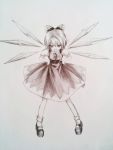  bow cirno dress graphite_(medium) hair_bow hands_on_hips ice ice_wings jumper kuraimu_(nico) lowres mary_janes monochrome shoes short_hair socks solo touhou traditional_media wings 