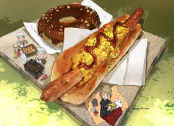  1girl apron artist_name black_shirt chef_hat chocolate_icing commentary_request cooking creature demizu_posuka doughnut food food_focus grey_hair grilling hat holding holding_tongs hot_dog hot_dog_bun icing ketchup ketchup_bottle mini_person minigirl mustard_bottle napkin original outdoors picnic_blanket red_skirt sausage shade shirt skirt tongs white_apron 
