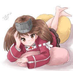  1girl barefoot brown_eyes brown_hair brown_skirt japanese_clothes kantai_collection kariginu kitagawa_mikio long_hair looking_at_viewer lying magatama on_stomach one-hour_drawing_challenge pillow ryuujou_(kancolle) simple_background skirt smile solo twintails visor_cap white_background 