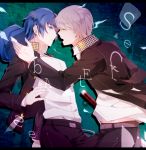  1girl 884 androgynous blue_eyes blue_hair cabbie_hat couple crossdressinging grey_hair hat narukami_yuu persona persona_4 reverse_trap school_uniform shirogane_naoto short_hair sword tomboy weapon yellow_eyes 