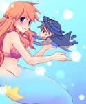  alternate_hair_length alternate_hairstyle arlon_(pokemon) arlon_(pokemon)_(cosplay) belt bikini_top black_hair blue_background blue_eyes blush bubble cape chibi child earrings gloves hagino_aki hat jewelry kasumi_(pokemon) long_hair mermaid monster_girl necklace orange_hair pokemon pokemon_(anime) satoshi_(pokemon) smile underwater 